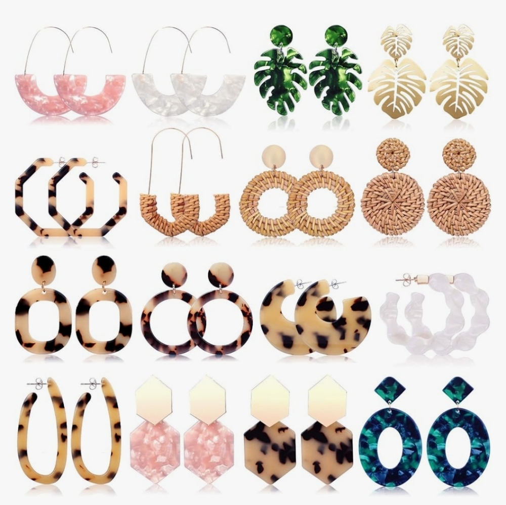 16 Pair Resin & Rattan Earings